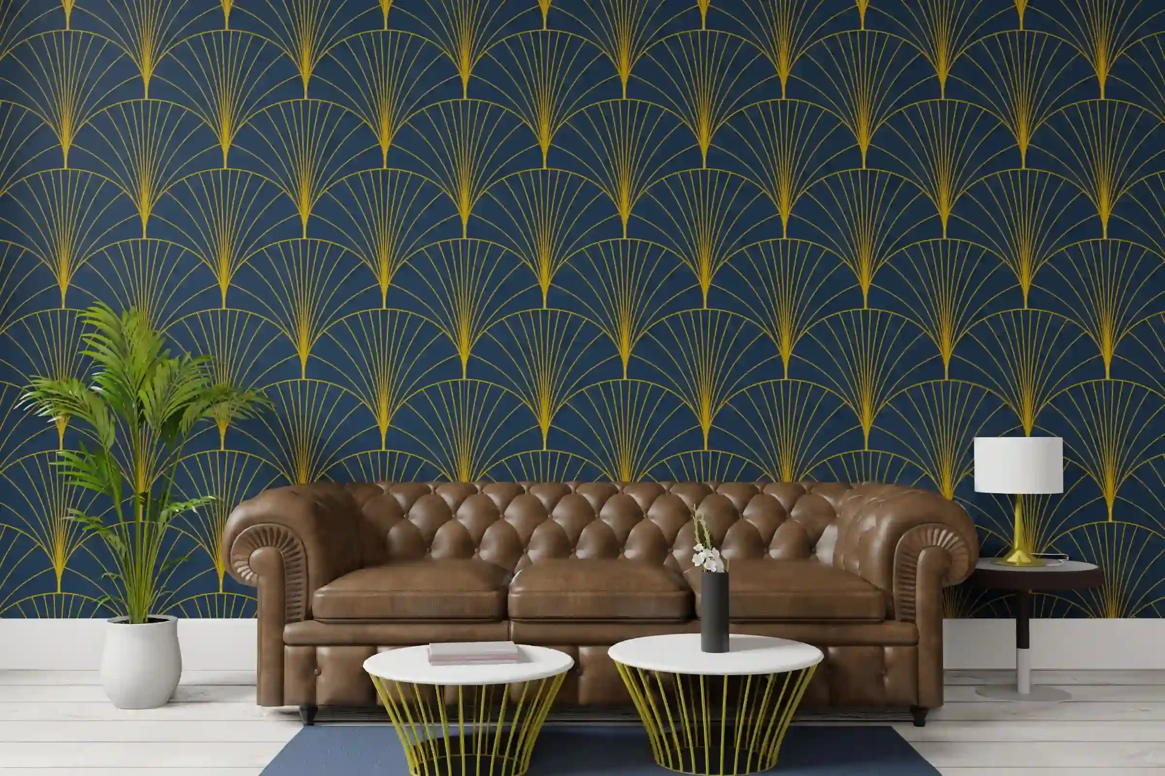 Deep green patterned wallpaper bringing color to a sitting area