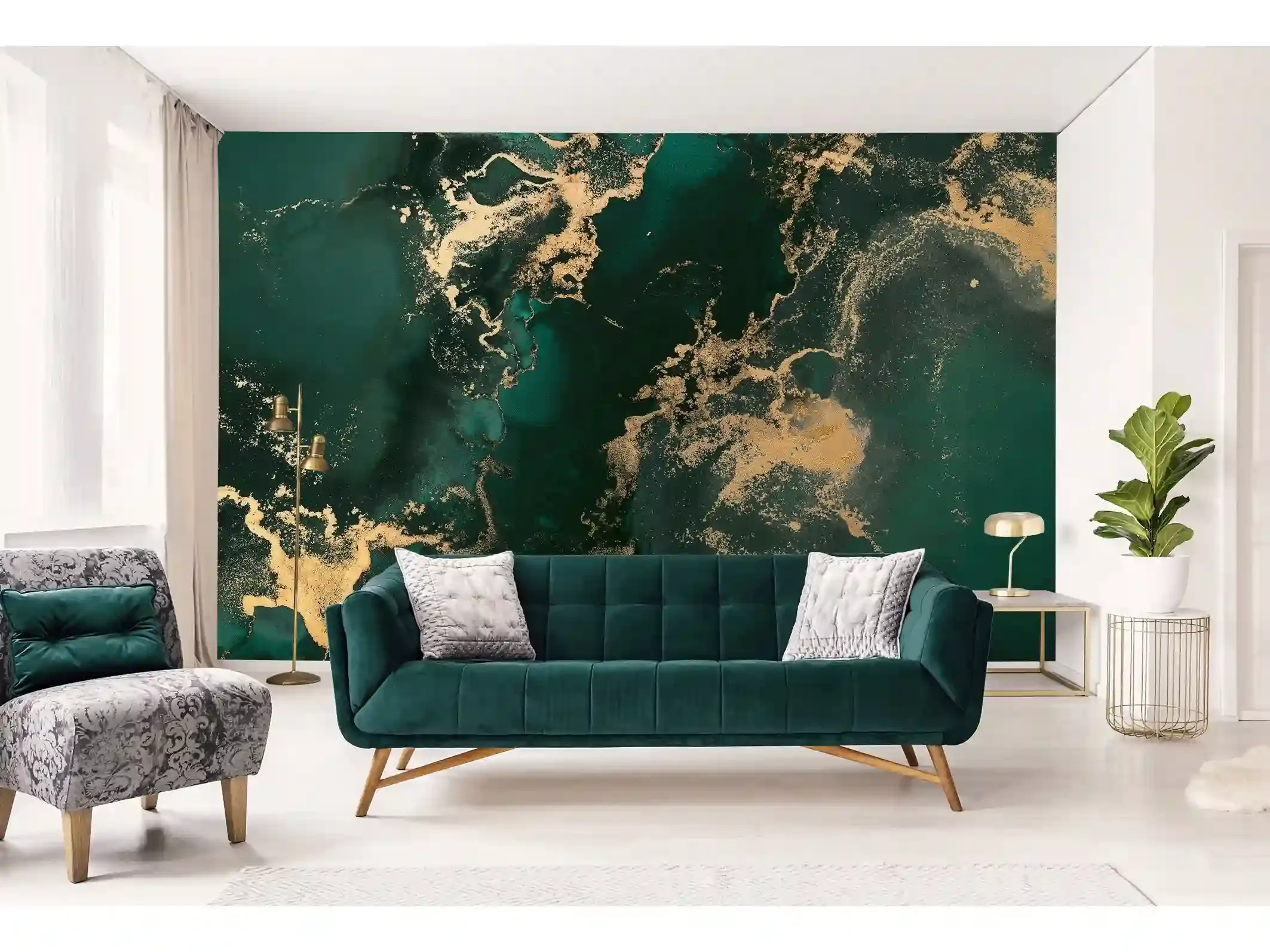 Green marble-effect wallcovering used as a dramatic interior feature