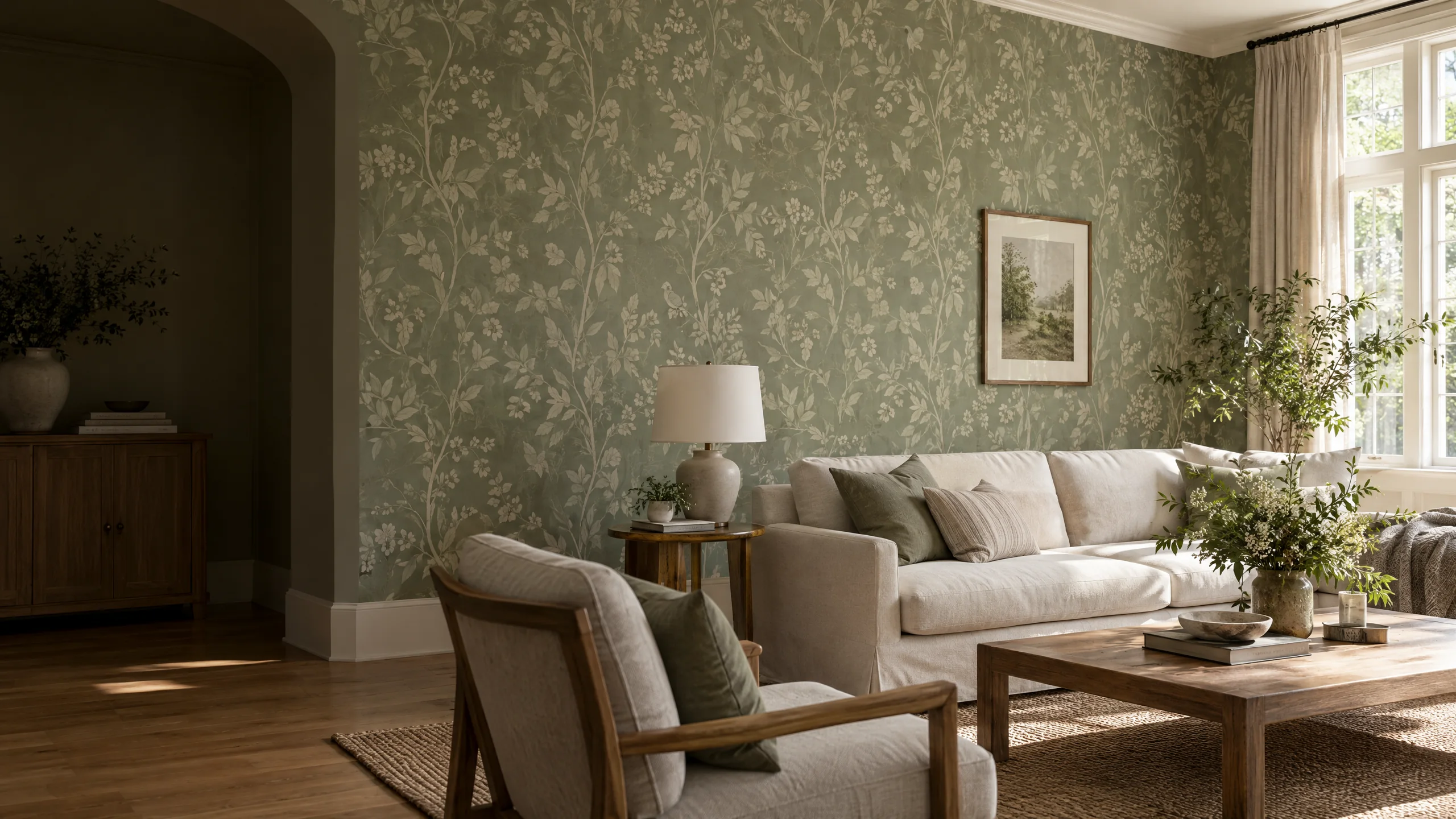 Sunlit sitting room with sage botanical wallpaper covering the main wall