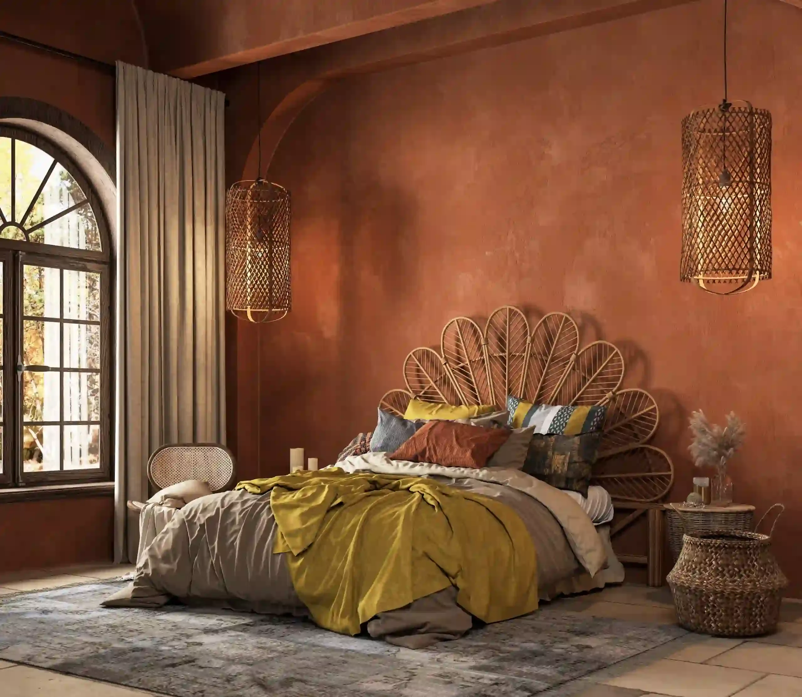 Patterned wallpaper across the wall of a softly lit bedroom